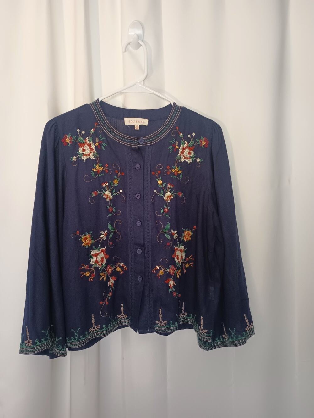 Solitaire Cross Stitch Embroidered Button Up Top Linen Peasant Cottage Folk Boho
